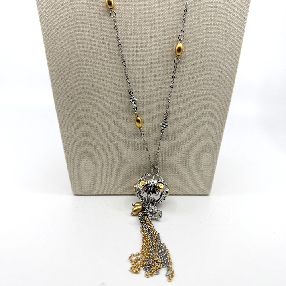 Two-Tone Statement Pendant Necklace with Metallic Tassel Layering
